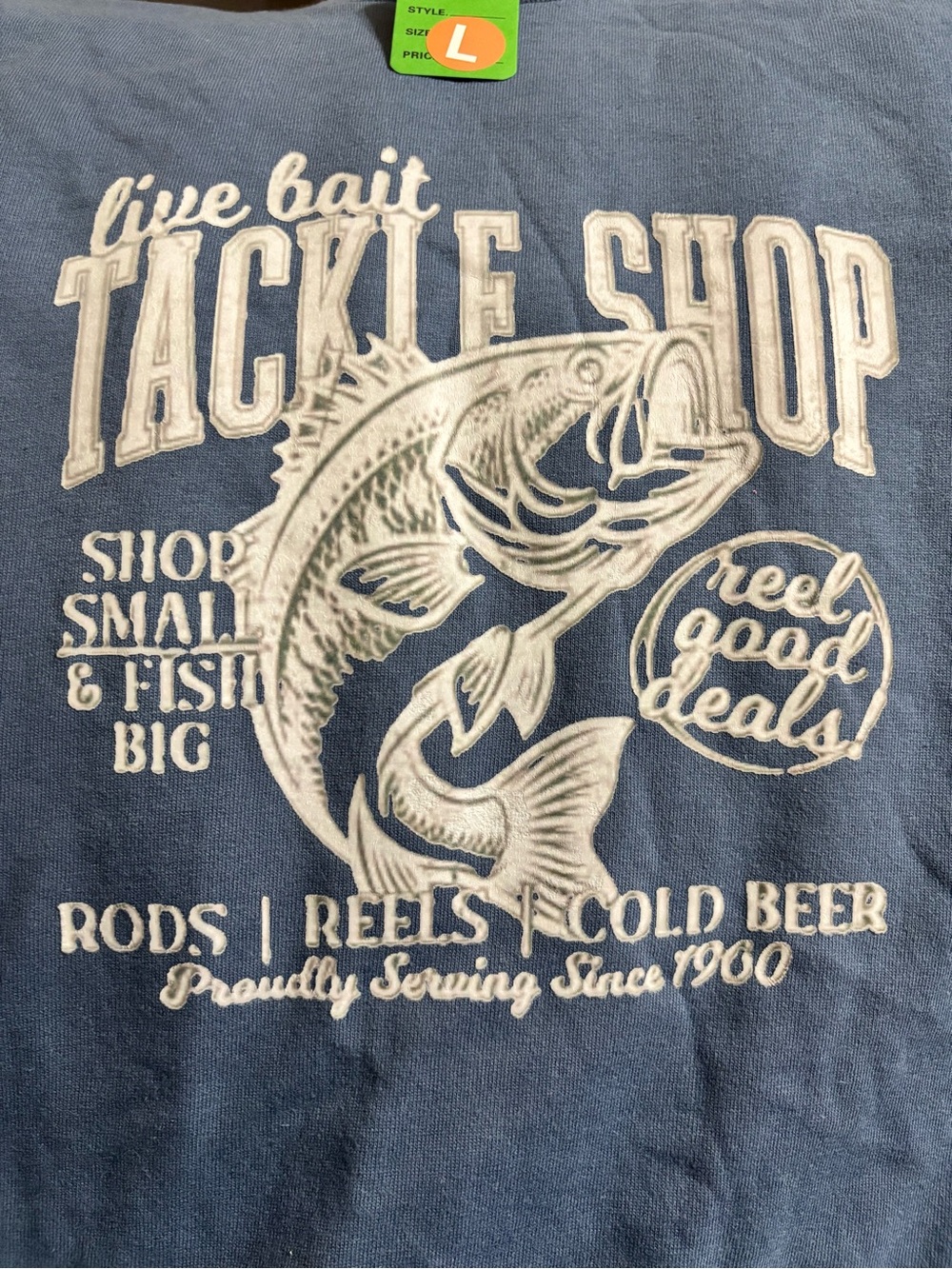 NEW Live Bait Tackle Shop Blue Fishing Tee - Unbranded size Large